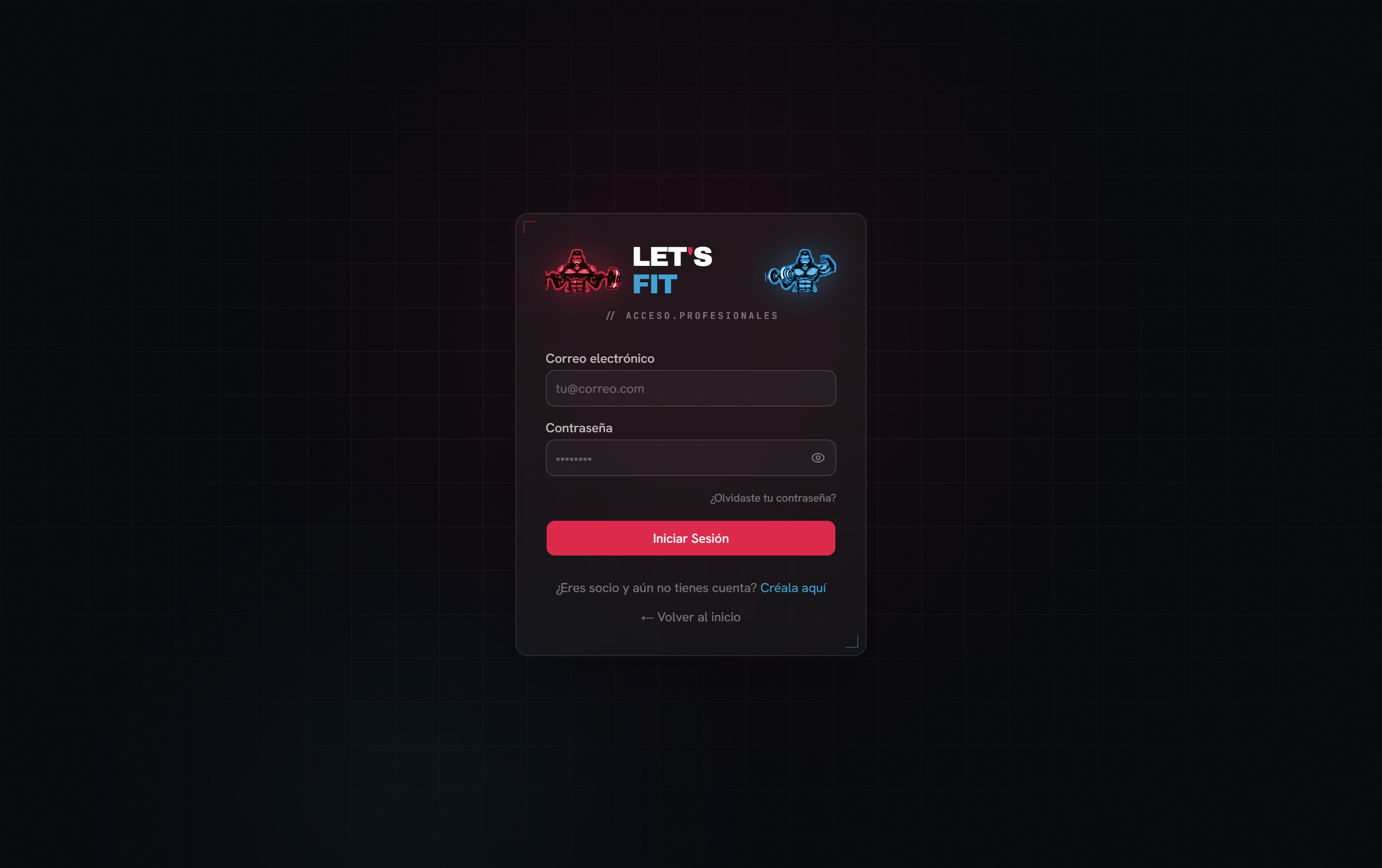 Pantalla de acceso de LetsFit