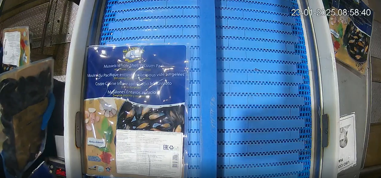 Tercera estación: vista de la cámara sobre la cinta, con una bolsa al vacío de mejillones